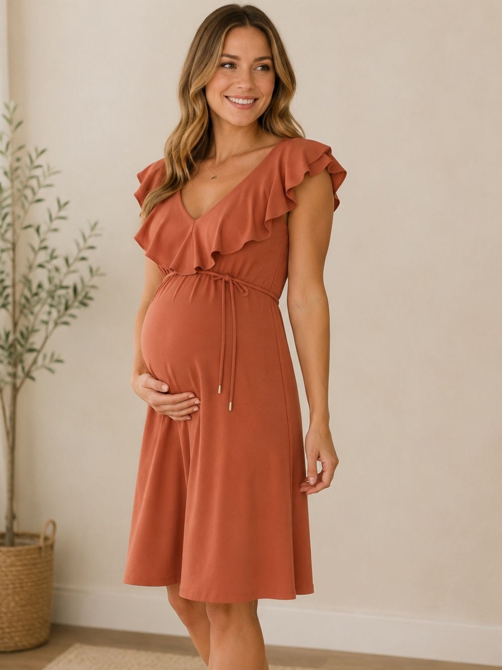 Jessica Simpson Maternity Terracotta Ruffle V Neck Dress M
